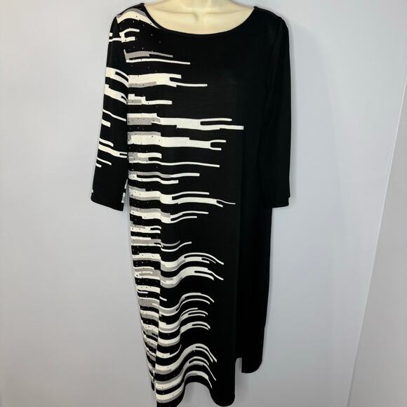 Ming Wang Knit Jersey 3/4 Sleeve Black White Midi Dress Stretch Women's L - Picture 1 of 14